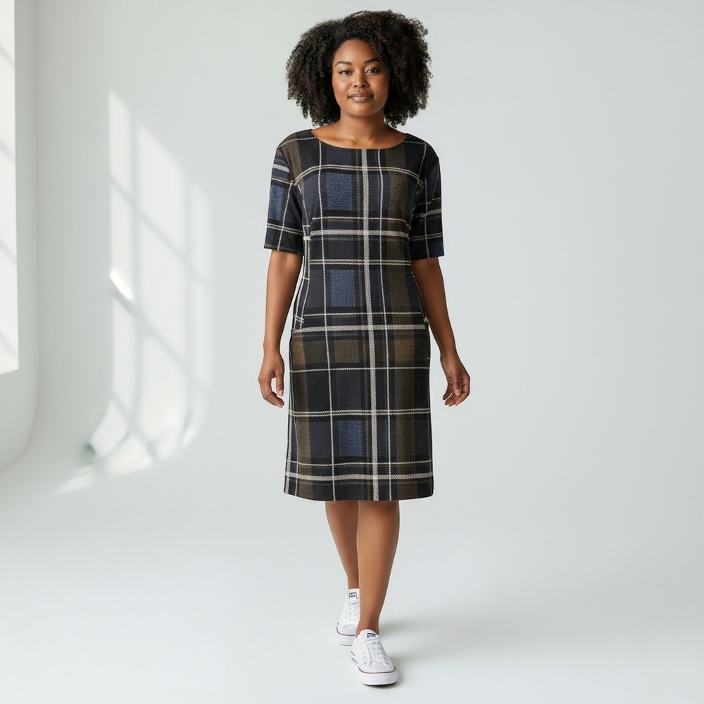 PLUS 20 20W ENFOCUS STUDIO blue brown Plaid Knit mini Dress Short Sleeve Career